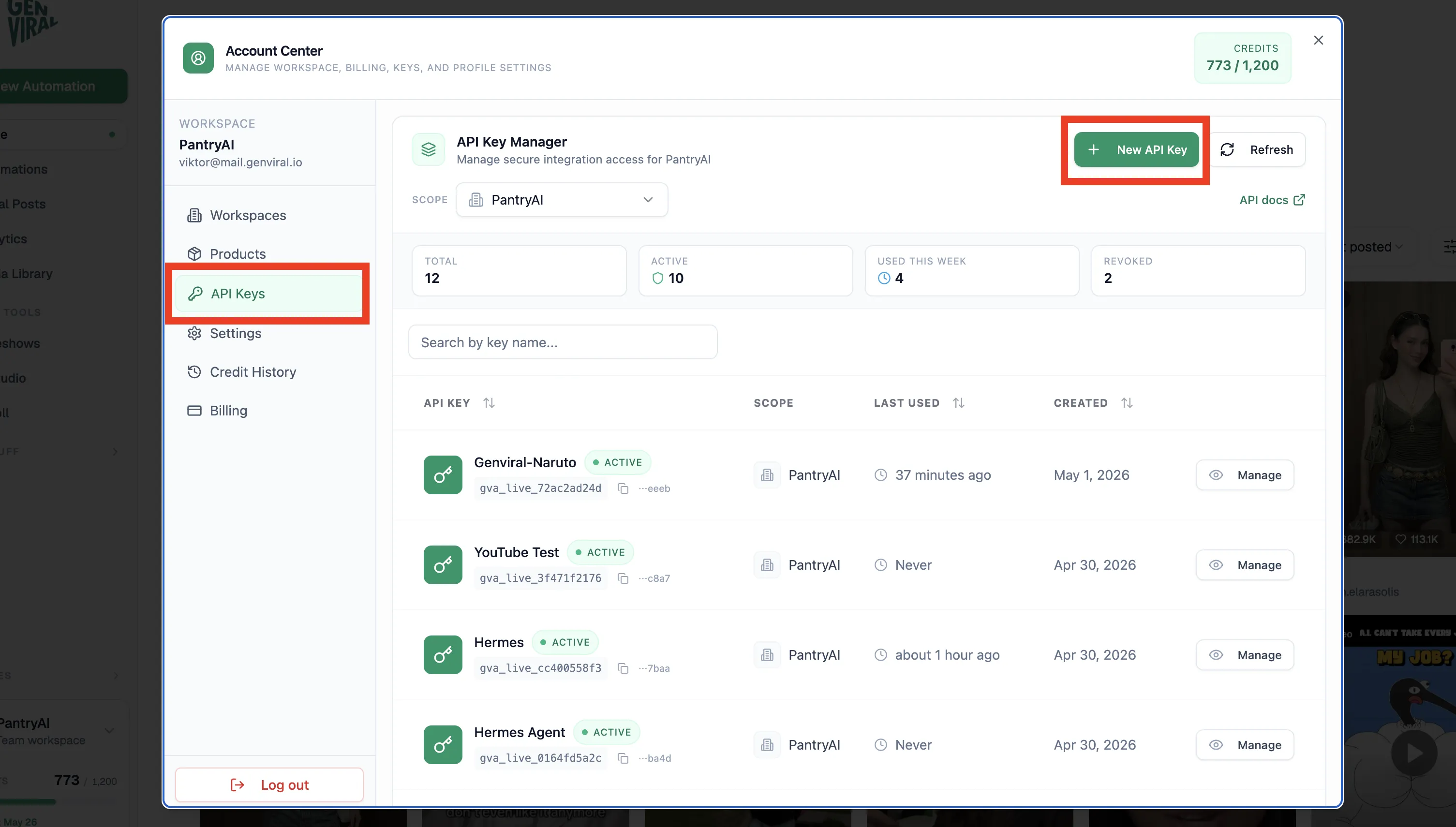 Genviral API Keys screen